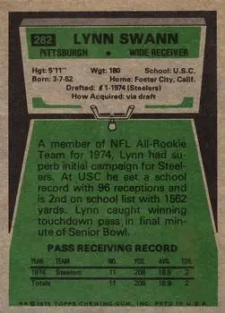 1975 Topps #282 - Lynn Swann - Pittsburgh Steelers - Back