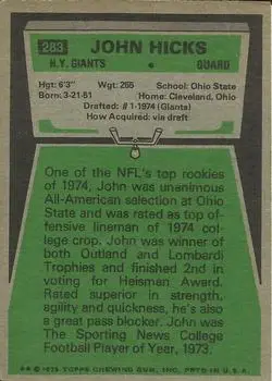 1975 Topps #283 - John Hicks - New York Giants - Back
