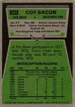 1975 Topps #284 - Coy Bacon - San Diego Chargers - Back