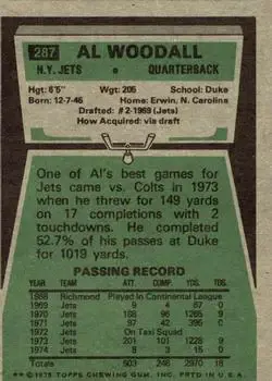 1975 Topps #287 - Al Woodall - New York Jets - Back 1975 Topps #287 - Al Woodall - New York Jets - Back