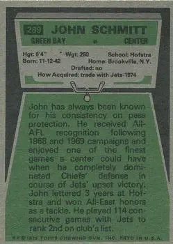 1975 Topps #289 - John Schmitt - Green Bay Packers - Back