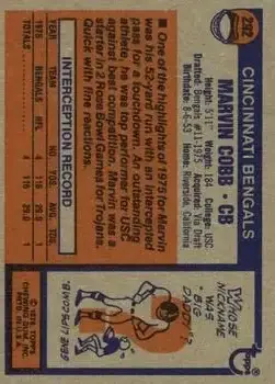 1976 Topps #292 - Marvin Cobb - Cincinnati Bengals - Back