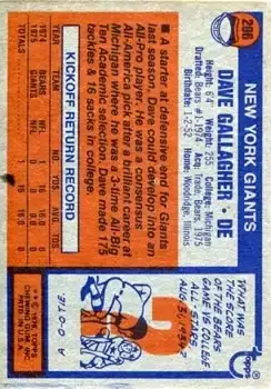 1976 Topps #296 - Dave Gallagher - New York Giants - Back 1976 Topps #296 - Dave Gallagher - New York Giants - Back