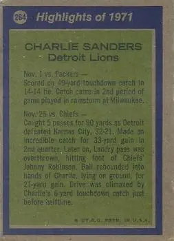 1972 Topps #264 - Charlie Sanders - Detroit Lions - Back