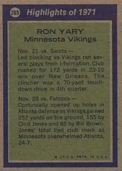 1972 Topps #265 - Ron Yary - Minnesota Vikings - Back