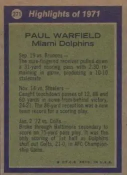 1972 Topps #271 - Paul Warfield - Miami Dolphins