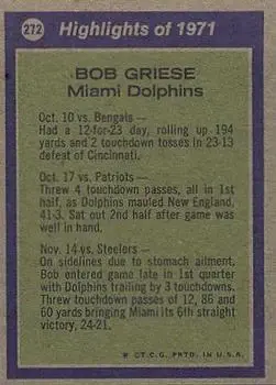 1972 Topps #272 - Bob Griese - Miami Dolphins