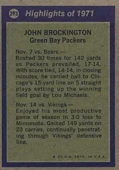 1972 Topps #273 - John Brockington - Green Bay Packers - Back 1972 Topps #273 - John Brockington - Green Bay Packers - Back