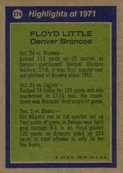 1972 Topps #274 - Floyd Little - Denver Broncos - Back