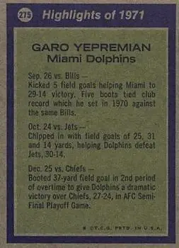 1972 Topps #275 - Garo Yepremian - Miami Dolphins