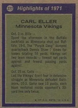 1972 Topps #277 - Carl Eller - Minnesota Vikings - Back