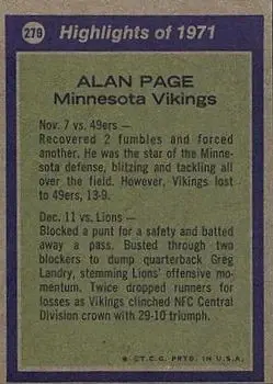 1972 Topps #279 - Alan Page - Minnesota Vikings - Back 1972 Topps #279 - Alan Page - Minnesota Vikings - Back