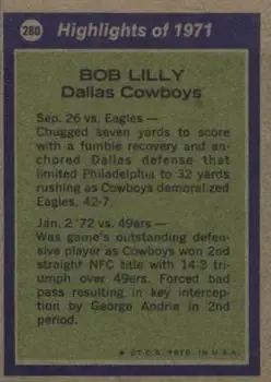 1972 Topps #280 - Bob Lilly - Dallas Cowboys - Back