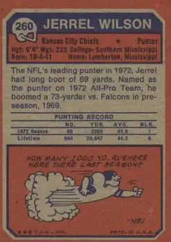1973 Topps #260 - Jerrel Wilson - Kansas City Chiefs - Back