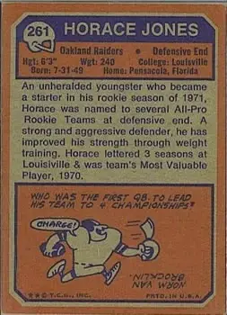 1973 Topps #261 - Horace Jones - Oakland Raiders - Back
