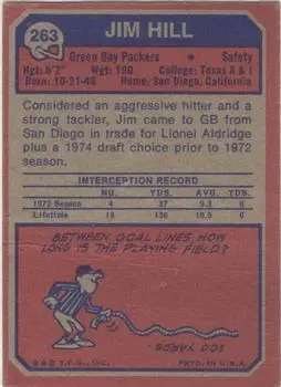 1973 Topps #263 - Jim Hill - Green Bay Packers - Back