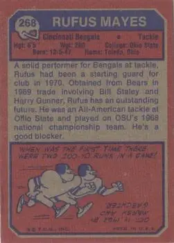 1973 Topps #268 - Rufus Mayes - Cincinnati Bengals - Back