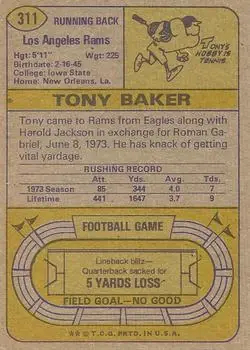 1974 Topps #311 - Tony Baker - Los Angeles Rams - Back
