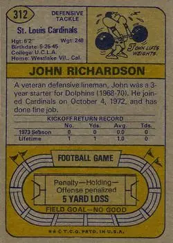 1974 Topps #312 - John Richardson - St. Louis Cardinals - Back 1974 Topps #312 - John Richardson - St. Louis Cardinals - Back