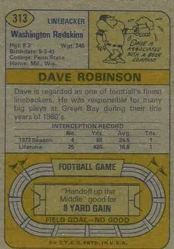 1974 Topps #313 - Dave Robinson - Washington Redskins - Back