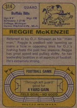 1974 Topps #314 - Reggie McKenzie - Buffalo Bills - Back
