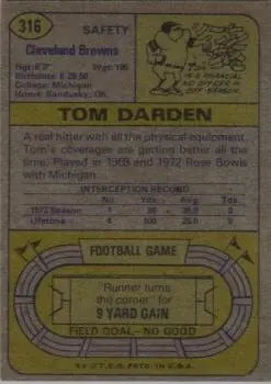 1974 Topps #316 - Thom Darden - Cleveland Browns - Back