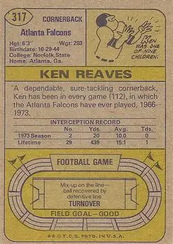 1974 Topps #317 - Ken Reaves - Atlanta Falcons - Back