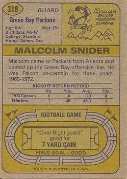 1974 Topps #318 - Malcolm Snider - Green Bay Packers - Back 1974 Topps #318 - Malcolm Snider - Green Bay Packers - Back