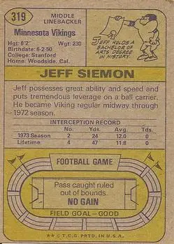 1974 Topps #319 - Jeff Siemon - Minnesota Vikings - Back 1974 Topps #319 - Jeff Siemon - Minnesota Vikings - Back