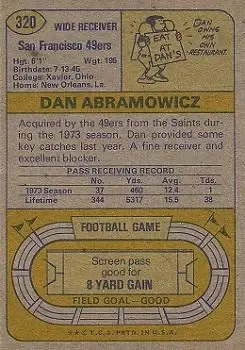 1974 Topps #320 - Dan Abramowicz - San Francisco 49ers 1974 Topps #320 - Dan Abramowicz - San Francisco 49ers