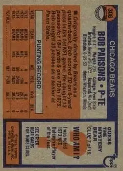 1976 Topps #306 - Bob Parsons - Chicago Bears - Back 1976 Topps #306 - Bob Parsons - Chicago Bears - Back