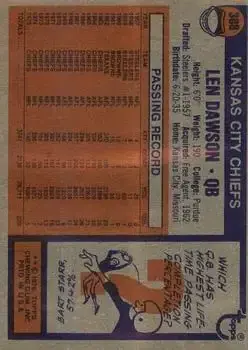 1976 Topps #308 - Len Dawson - Kansas City Chiefs - Back