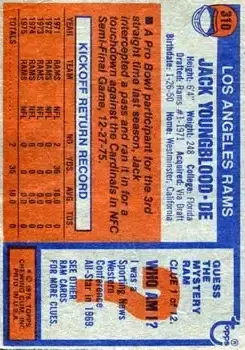 1976 Topps #310 - Jack Youngblood - Los Angeles Rams - Back 1976 Topps #310 - Jack Youngblood - Los Angeles Rams - Back