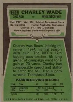 1975 Topps #293 - Charlie Wade - Chicago Bears - Back