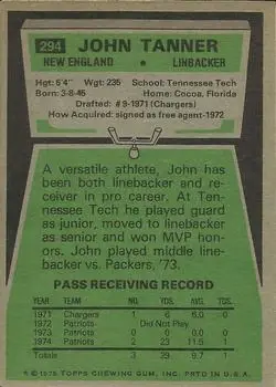 1975 Topps #294 - John Tanner - New England Patriots - Back