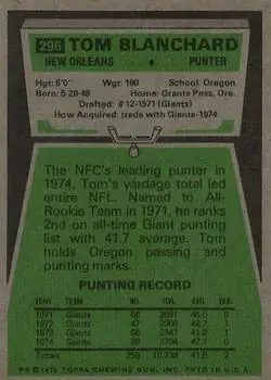 1975 Topps #296 - Tom Blanchard - New Orleans Saints - Back 1975 Topps #296 - Tom Blanchard - New Orleans Saints - Back