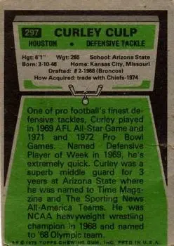 1975 Topps #297 - Curley Culp - Houston Oilers - Back
