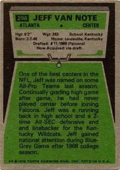 1975 Topps #298 - Jeff Van Note - Atlanta Falcons - Back