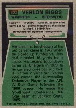 1975 Topps #303 - Verlon Biggs - Washington Redskins - Back