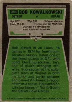 1975 Topps #304 - Bob Kowalkowski - Detroit Lions - Back