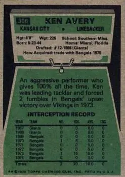 1975 Topps #306 - Ken Avery - Kansas City Chiefs - Back 1975 Topps #306 - Ken Avery - Kansas City Chiefs - Back