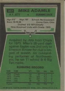 1975 Topps #307 - Mike Adamle - New York Jets - Back