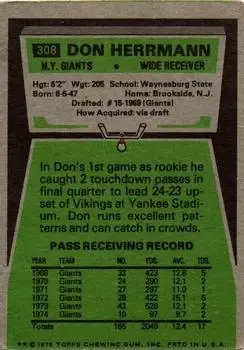 1975 Topps #308 - Don Herrmann - New York Giants - Back 1975 Topps #308 - Don Herrmann - New York Giants - Back