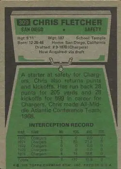 1975 Topps #309 - Chris Fletcher - San Diego Chargers - Back