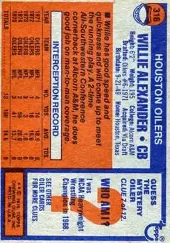 1976 Topps #316 - Willie Alexander - Houston Oilers - Back