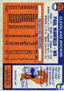 1976 Topps #317 - Paul Warfield - Cleveland Browns - Back 1976 Topps #317 - Paul Warfield - Cleveland Browns - Back