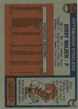 1976 Topps #319 - Bobby Walden - Pittsburgh Steelers - Back