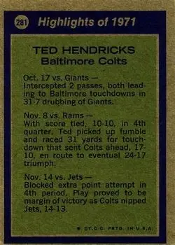 1972 Topps #281 - Ted Hendricks - Baltimore Colts 1972 Topps #281 - Ted Hendricks - Baltimore Colts