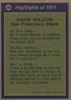 1972 Topps #282 - Dave Wilcox - San Francisco 49ers - Back
