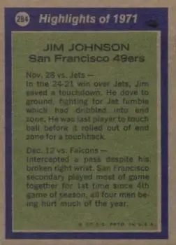 1972 Topps #284 - Jim Johnson - San Francisco 49ers - Back